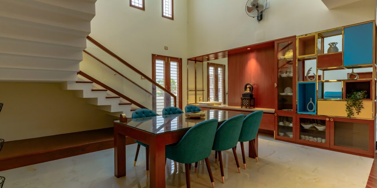 Wooden dining table under a skylight