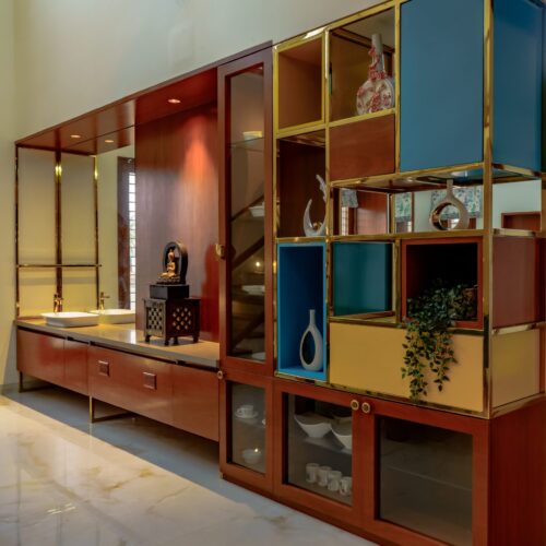 Craftsmanship details on teak wood furniture in the house.