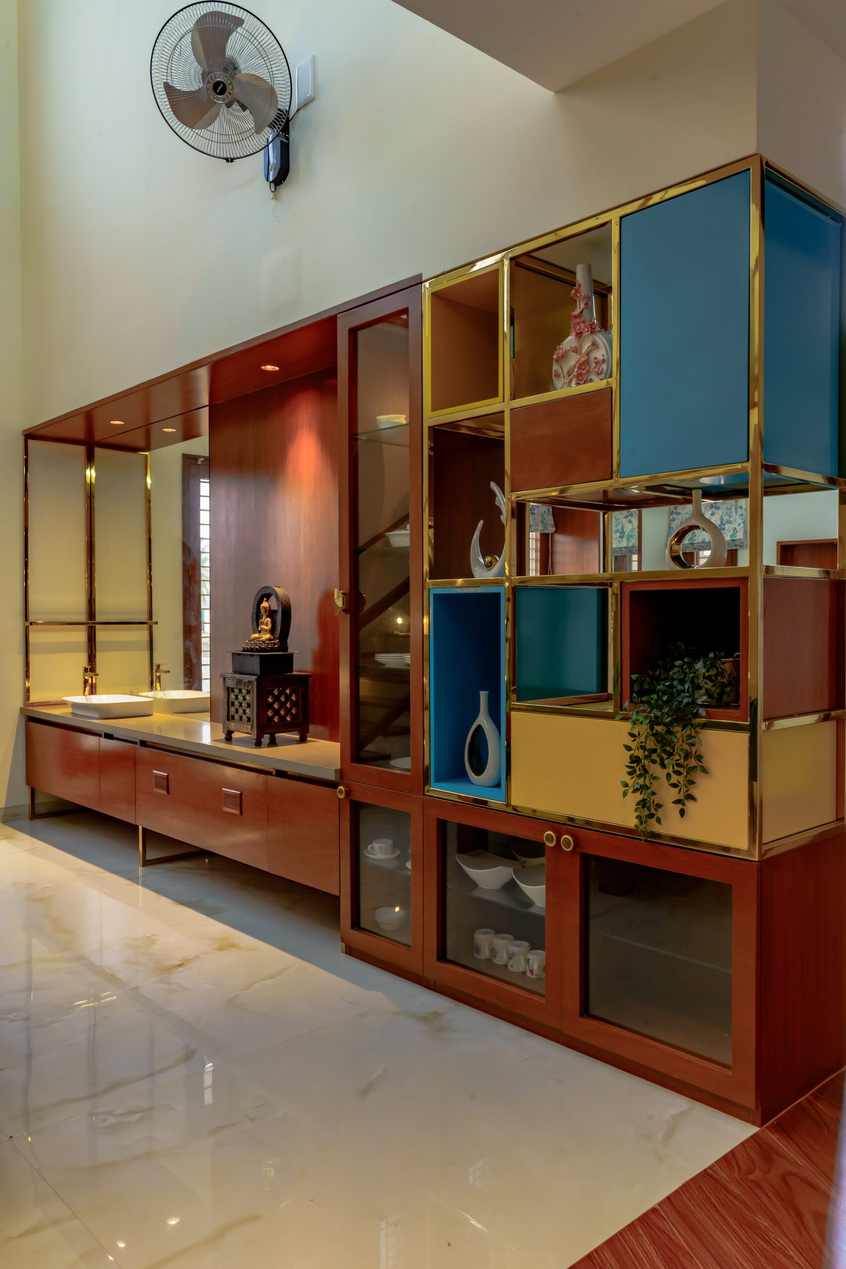 Craftsmanship details on teak wood furniture in the house.